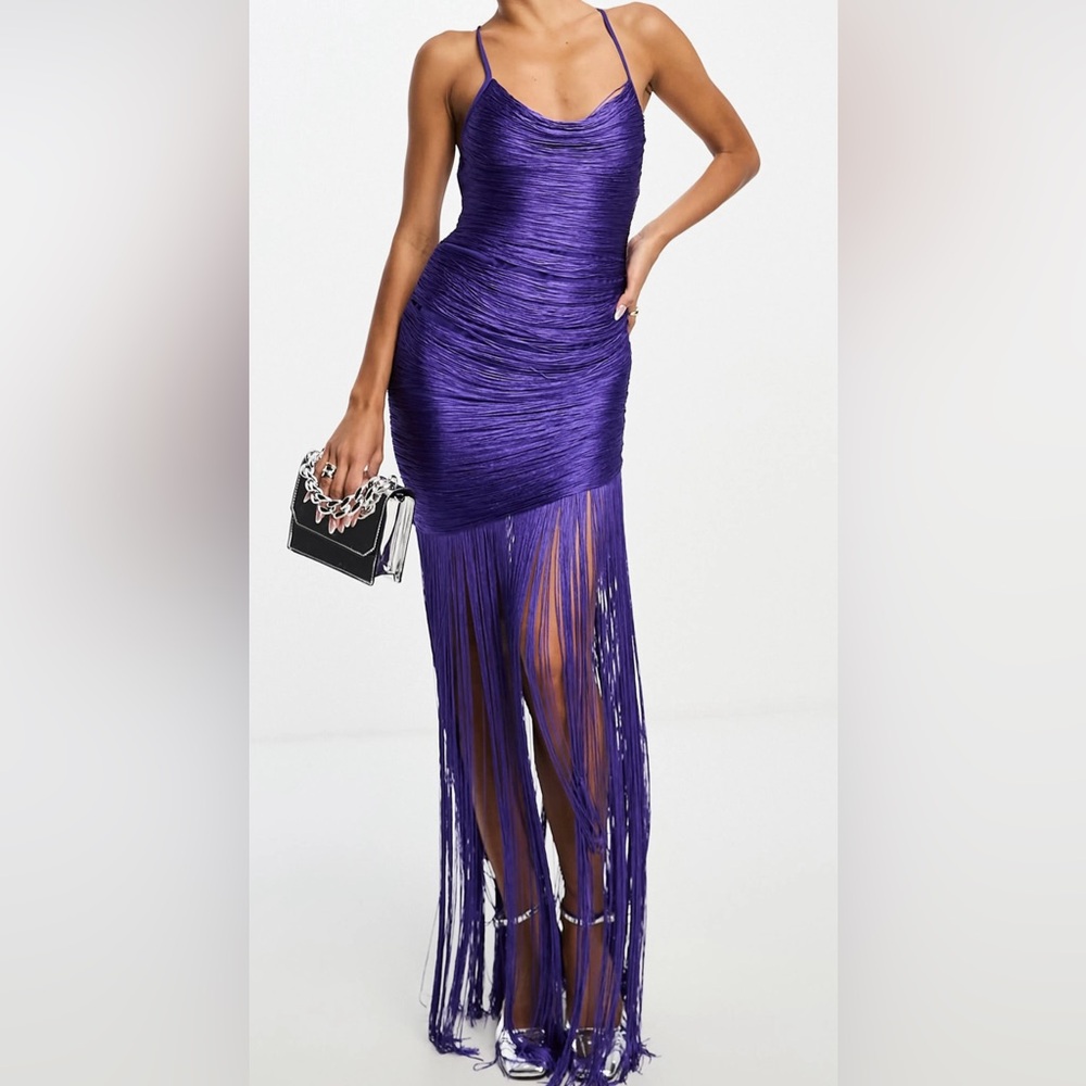 ASOS Design Cowl Neck Fringe Maxi Dress